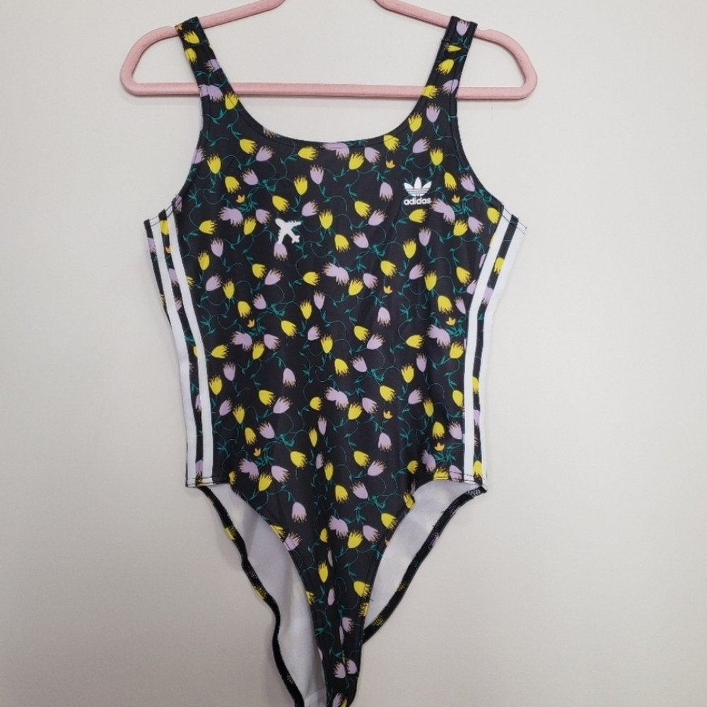 Adidas Black Floral Bodysuit Large